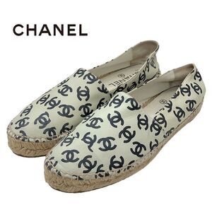 Chanel Flat Shoes Leather Ivory Black Coco Mark Espadrilles Slip-ons